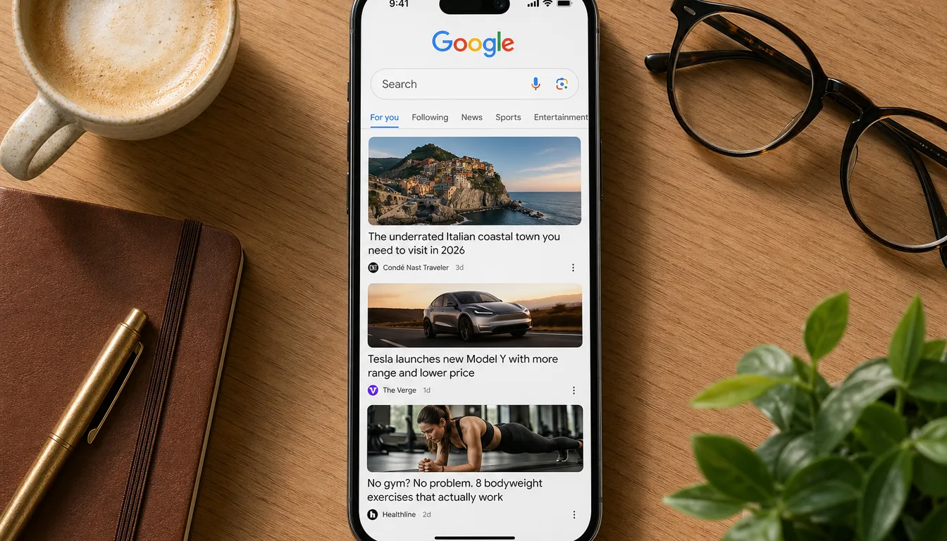 Top-down view of a smartphone on a wooden desk showing a Google Discover feed where one article card stands out in color while nine others are desaturated, illustrating how few publishers actually break through