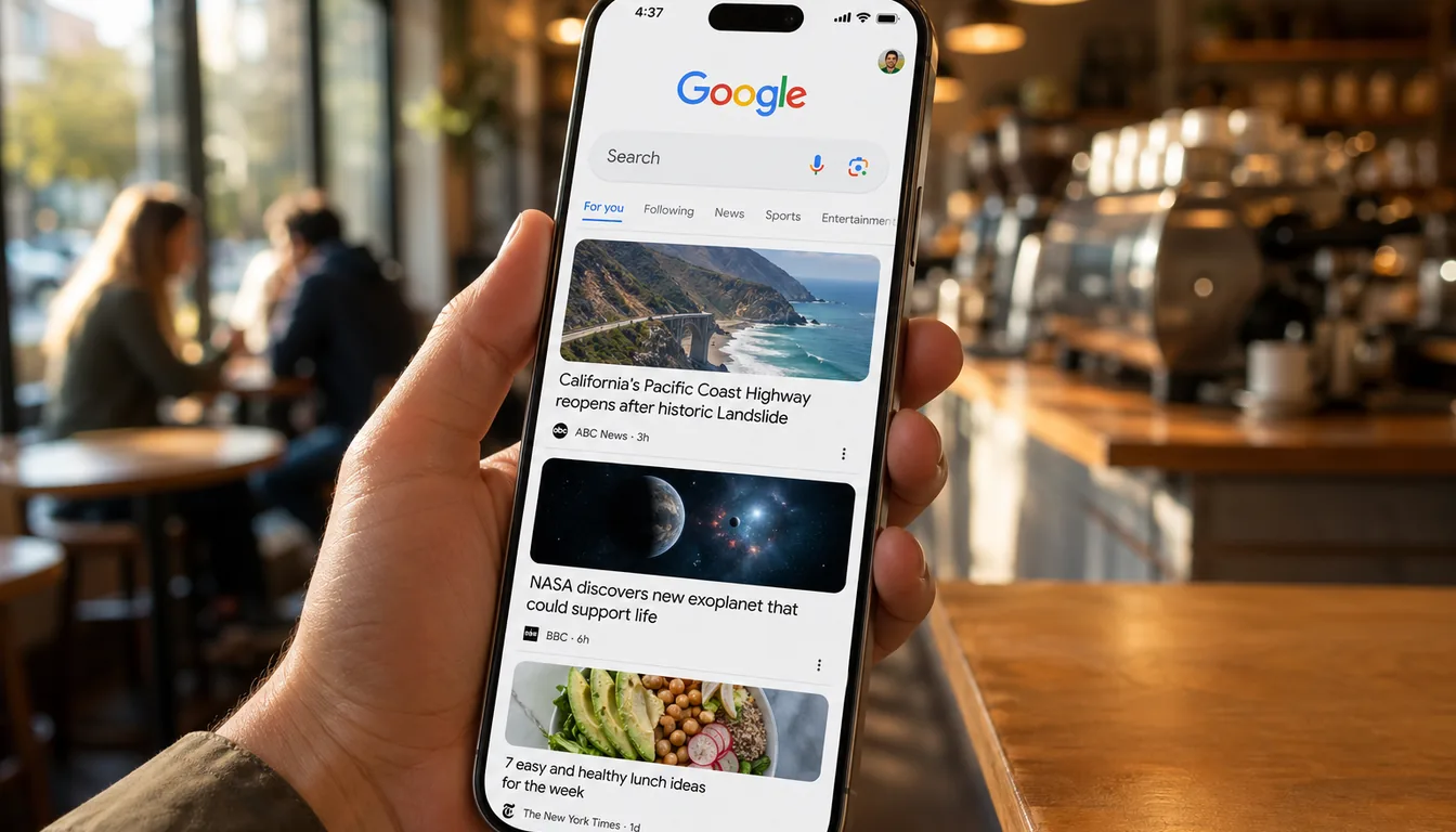 Smartphone showing a Google Discover feed where the top card carries a visible breaking-news indicator, illustrating MustntMiss's automatic selection of must-not-miss stories